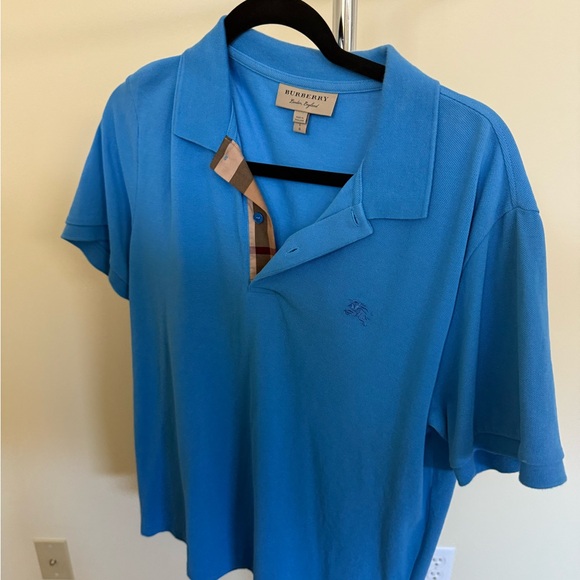 Burberry Light Blue Polo with Check Trim - Picture 1 of 3